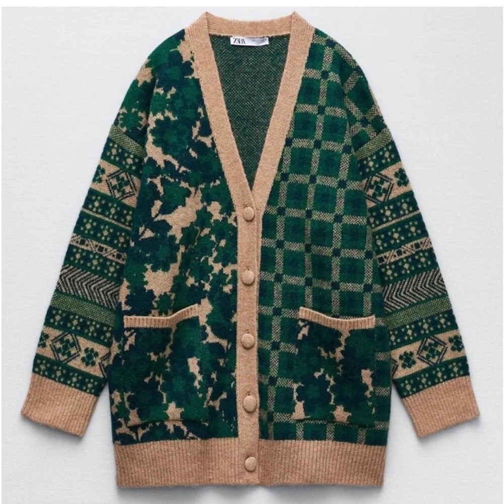 ZARA Courtyard Green Patchwork Green Tan Oversized Cardigan Small